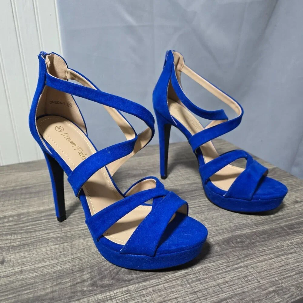 DREAM PAIRS Womens Open Toe High Heel Sandals Dress Shoes Suede Blue Pumps - Sz8 - Picture 3 of 5